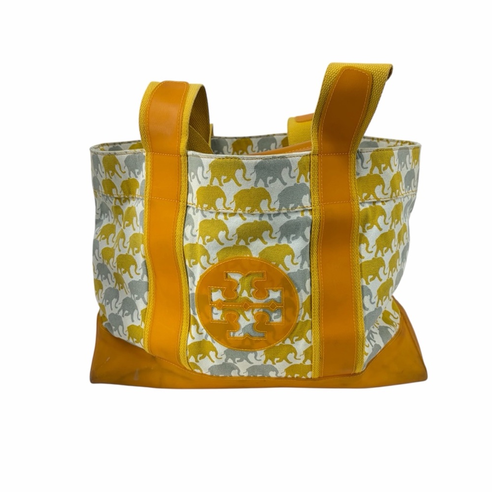 Tory Burch Yellow and Gray Elephant Canvas Tote Bag